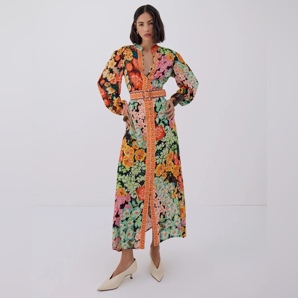 RAISHMA Amara Black Belted Floral Print Midi Dress Orange Size